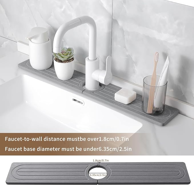 Faucet Mat for Kitchen Sink -Diatomite Stone Drying Mat for Kitchen Counter & Bathroom Sink,Quick-Dry Kitchen Sink Mat-Sink Protector & Splash Guard,Super Absorbent (Gray, 15.8"x4")