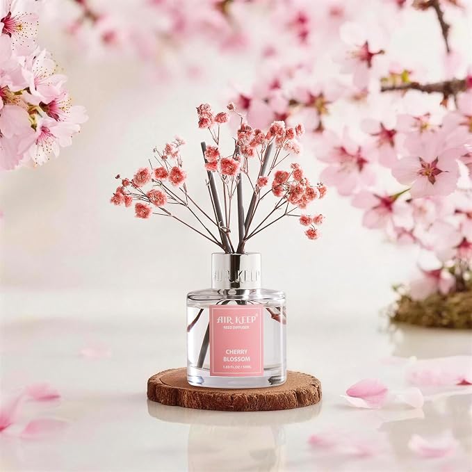 Reed Diffuser Set,1.69 fl oz (50 ml) - Cherry Blossom Oil Diffusers with 8 Reed Sticks,Home Fragrance Reed Diffuser for Bathroom Shelf Decor