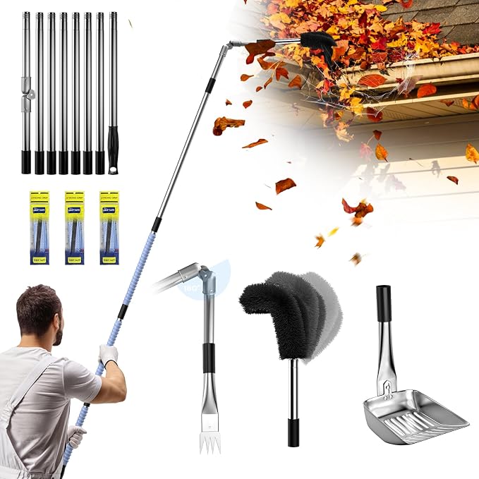 13ft Gutter Cleaning Tools From the Ground, No Ladder Needed, 3-in-1 Gutter Cleaner Pole with Replaceable Brush Rake Scoop, 180° Adjustable Angle for Leaves & Debris Cleaning with Grip Tapes