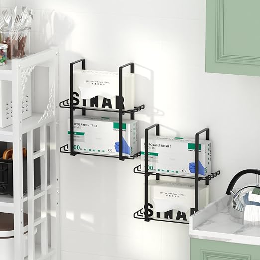 2 Pack Glove Holder Dispenser for Wall Mount, 2-Tire Metal Disposable Latex Glove Box Holder for Home Office, Lab and Garage, Tissue Wire Rack Wall-mounted for Kitchen Organizer Decor, Blak