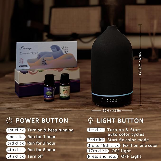 200ML Ceramic Essential Oil Diffuser for Home, Stone Diffuser | Ultrasonic Aromatherapy Diffuser & Air Humidifier for Bedroom, Office, Yoga, 7 LED Lights, Auto Shut-Off, 3 Timers, Black