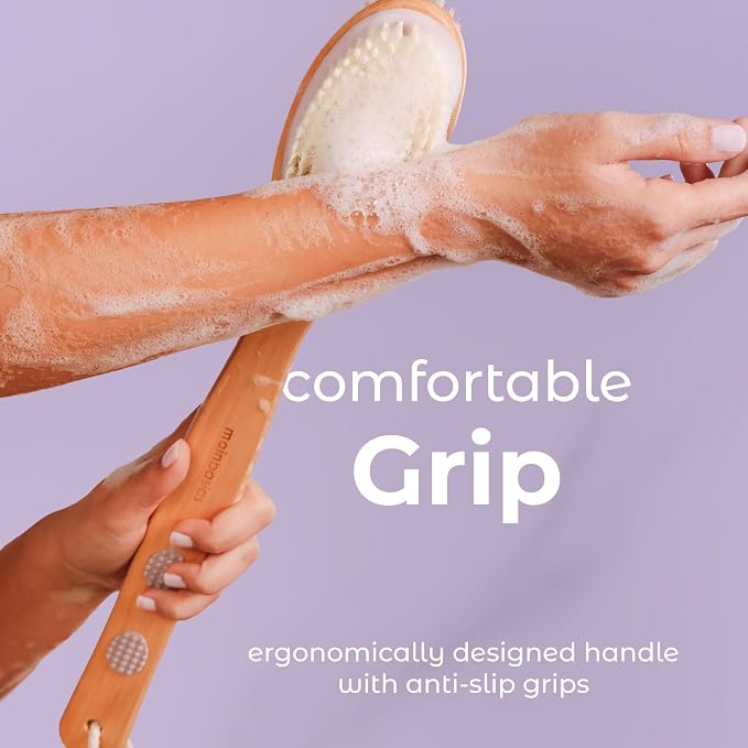 MainBasics Back Scrubber Shower Brush, Lavender, Long Handle | Dual Sided Body Brush, Exfoliating Bristles and Soft Bristles, Back Scrubbing, Deep Cleaning