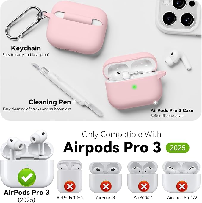 for AirPods Pro 3 Case 2025,Come with Cleaner Kit,Pink | Silicone Protective Cover for Airpod Pro 3rd Generation Case with Keychain,for Women Men,One-Piece Design,Shockproof
