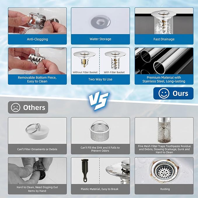 1.1"-2.36" Bathroom Stopper Stainless Steel Hair Catcher Silver 1 Pack | pop-up stopper with detachable hair filter, rustproof, easy clean & install, blocks hair to stop drain clogs