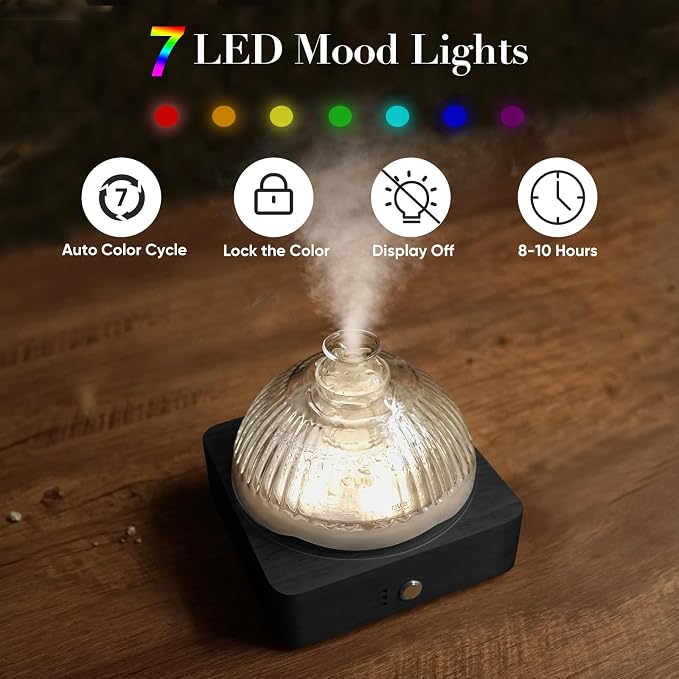 Glass Dome Essential Oil Diffuser with Glass Reservoir & Wood Base-Plastic Free, 200ml Ultrasonic Diffuser for Aromatherapy with Timer 7 Color Light Auto-Off for Home Office Yoga Dark Brown