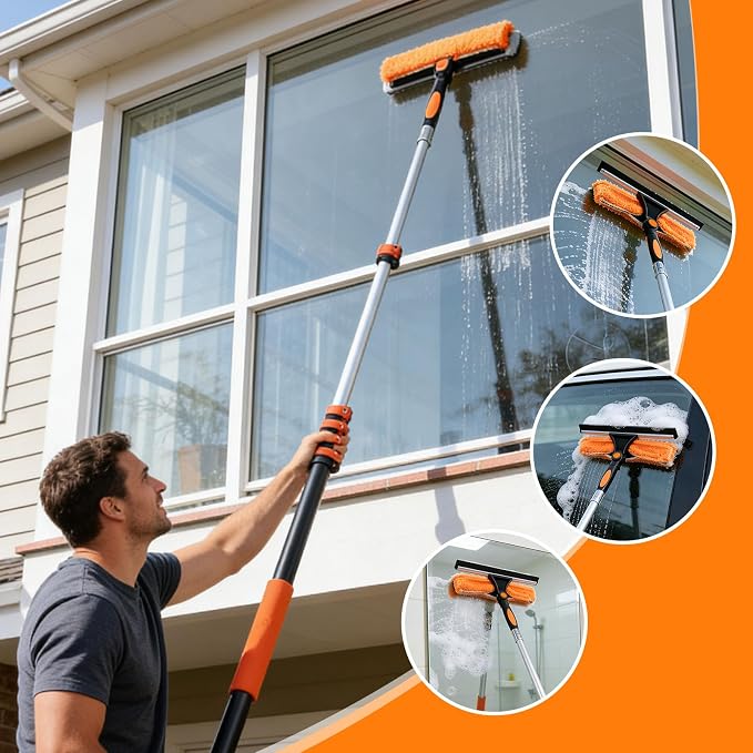 18FT High Reach Duster Kit with 3-12FT Flip-Lock & Screw Dual Locking Extension Pole, Cobweb Duster, Washable Ceiling Fan Cleaner & Window Squeegee for Glass & High Roof