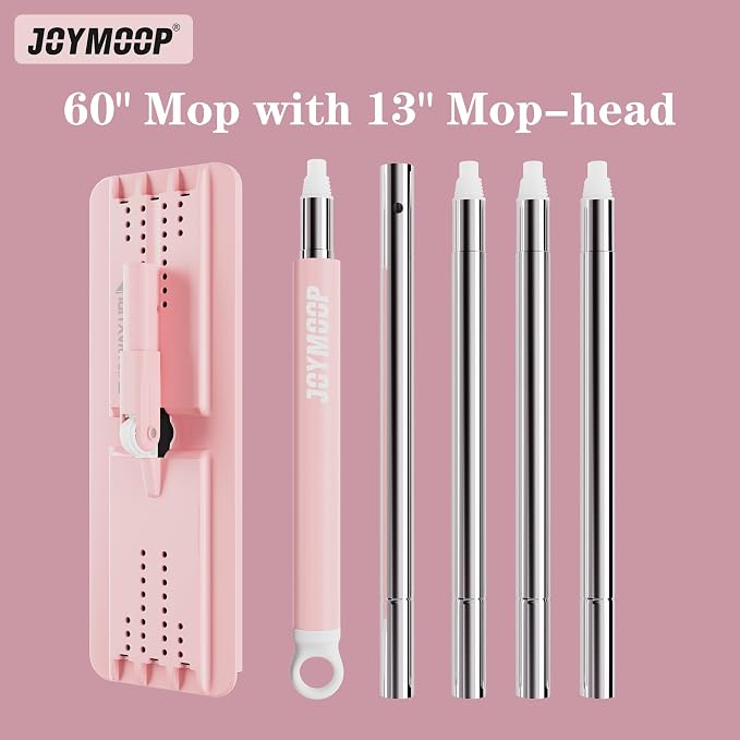 JOYMOOP Flat Mop, Microfiber Cleaning Pad for Floor Cleaning, 60" Long Handle with Flexible Mop Head, Pink