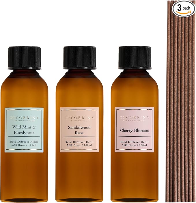 Reed Diffuser Refill Set, 10.2oz Scented Oil Refill 3 Pack, Sandalwood Rose, Cherry Blossom, Wild Mint & Eucalyptus, Long Lasting Oil Diffuser Refill with18 Sticks for Bathroom & Bedroom