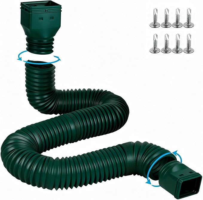 plusgutter 16.5ft Long Gutter Downspout Extensions Flexible, 4" Diameter Drain Downspout Extender, Down Spout Drain Extender for Rainwater Drainage, Extendable from 3.4ft to 16.5ft(1Pack Green)
