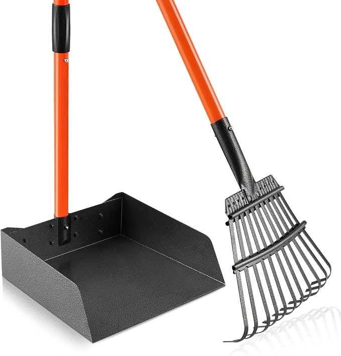 Pooper Scooper, Long Handle Dog Pooper Scooper for Medium Small Dogs Heavy Duty, Pet Supplies Stainless Metal Tray and Rake Set, Use on Grass, Dirt or Gravel, Large