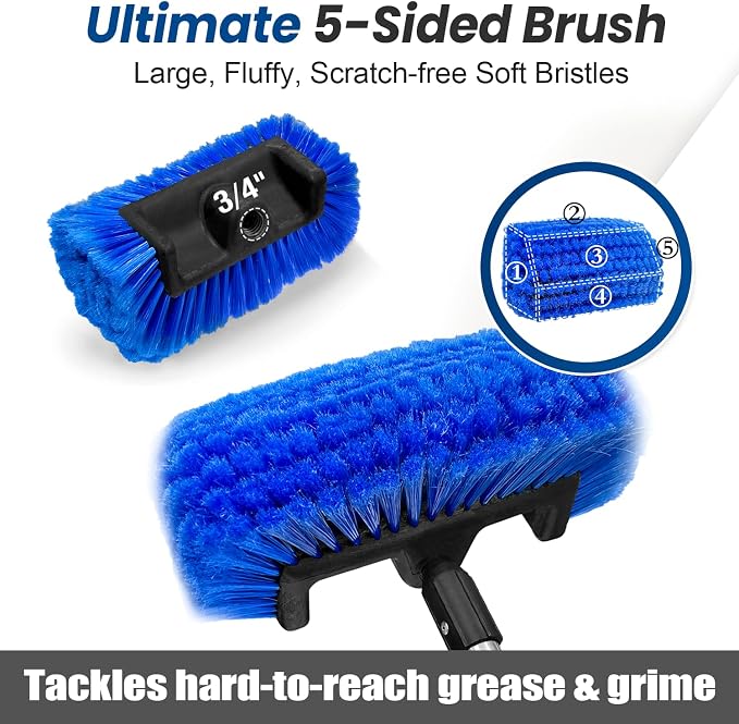 ARTIPOLY 65'' Five-Sided Car Wash Brush with Long Handle, Scratch-Free Car Cleaning Kit with Soft Wash Brush, Tire Brush, Window Squeegee, Car Wash Mitt, Microfiber Cleaning Head & Extension Pole