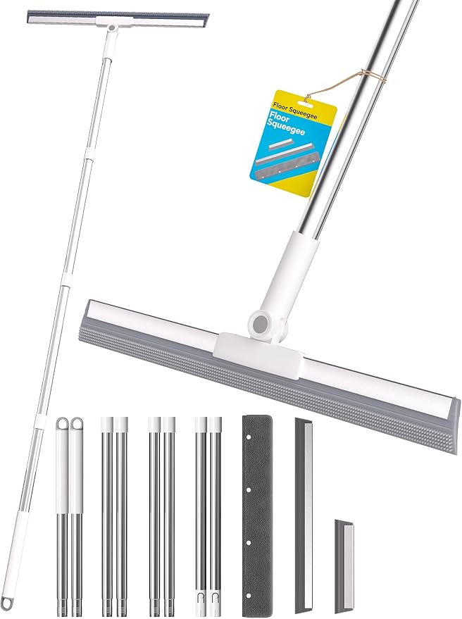 Floor Squeegee Broom with Long Handle, Heavy Duty Rubber Squeegee Kit, Scrubber for Tile Floor, Garage, Concrete with 2 Long Handles, 2 Squeegee Heads & 1 Cloth (Textured Blade 2-Pack)