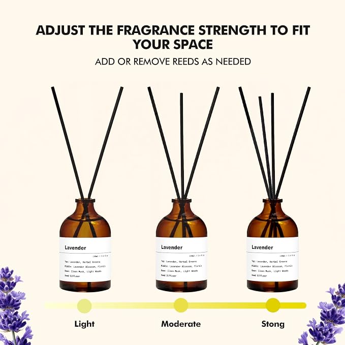 Reed Diffuser Set, Lavender Scent, 3.4 fl oz, Home Fragrance Reed Diffuser for Bathroom & Bedroom Decor