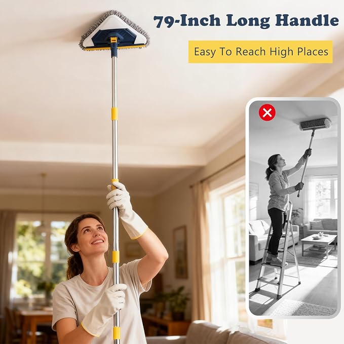 Wall Cleaner Mop with Long Handle, 5-in-1 Walls Cleaner Mops with 6 Replacement Microfiber Chenille Pads, Squeegee, Scrubber for Painted Walls, Window, Floor, Baseboards