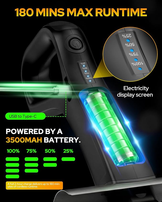 Cordless Electric Grill Brush, BBQ Grill Cleaner with 800RPM High-Speed Motor, 25kgf High Torque, 3500mAh Rechargeable Battery, 180-Min Runtime, 2 Replaceable Brush Heads, LED Light & Scraper