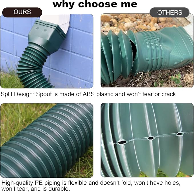 plusgutter 16.5ft Long Gutter Downspout Extensions Flexible, 4" Diameter Drain Downspout Extender, Down Spout Drain Extender for Rainwater Drainage, Extendable from 3.4ft to 16.5ft(1Pack Green)