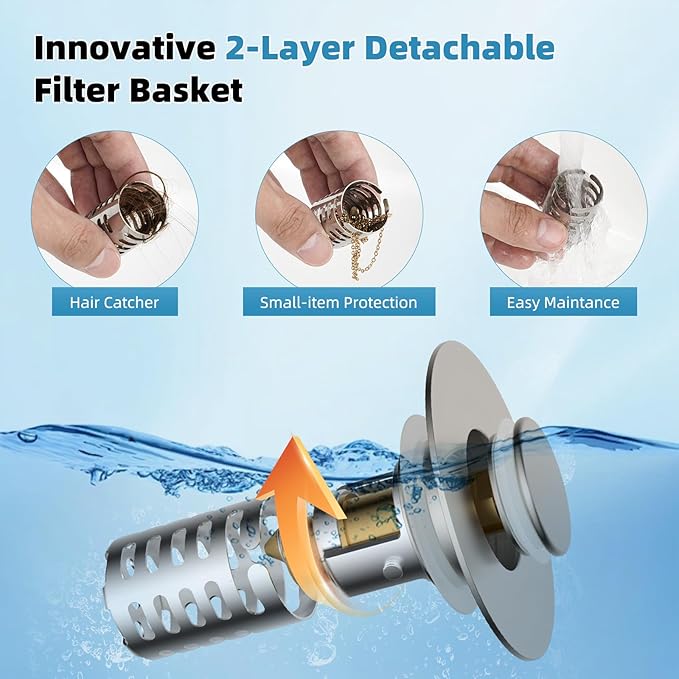 Upgraded Bathroom Sink Drain Strainer Hair Catcher 2PCS Universal 3 in 1 Pop-up Sink Stopper, Fit for 1.1''~2.36'' Basin Hole, with Detachable Stainless Steel Filter Basket, Brushed Nickle