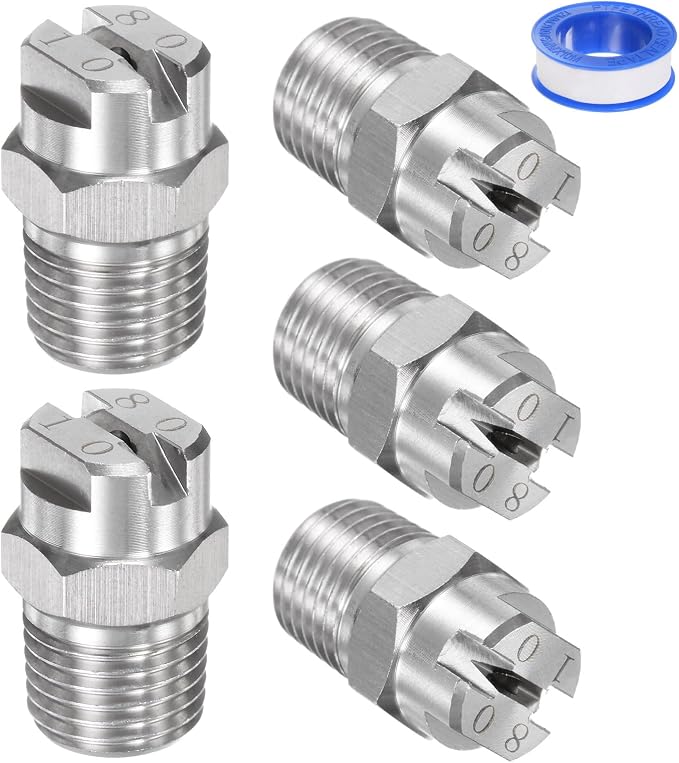 M METERXITY 5-Pack Flat Fan Spray Tip, 80 Degree 1/4BSPT Male Stainless Steel Pressure Washer Nozzles Cleaner Nozzle Replacement W Sealing Tape for Water Guns (2mm Orifice)