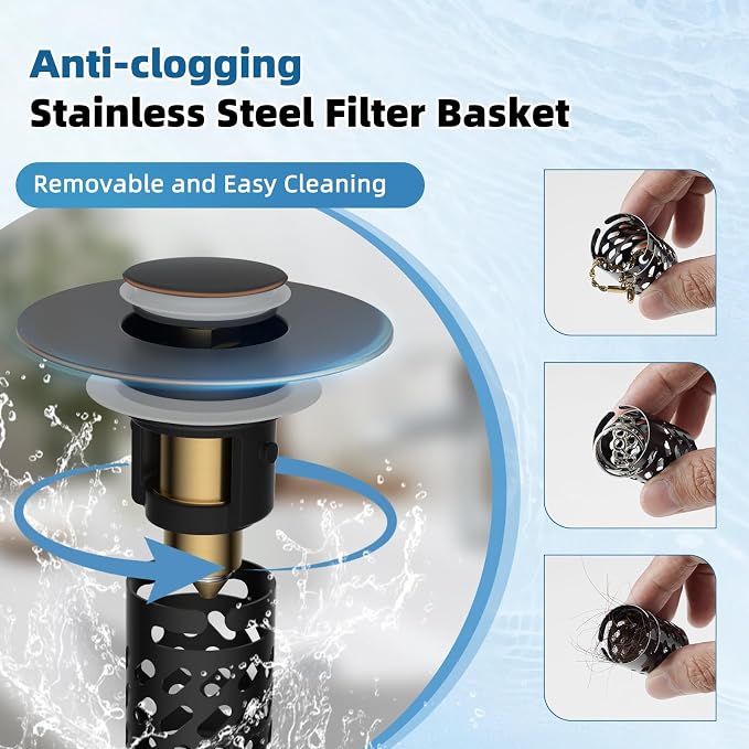 iFealClear 2 Pack All Metal Bathroom Sink Stopper, Pop Up Sink Drain Strainer with Removable Stainless Steel Filter Basket, Universal for 1.1"-2.36" Sink, Brass Bounce Core, Oil Rubbed Bronze