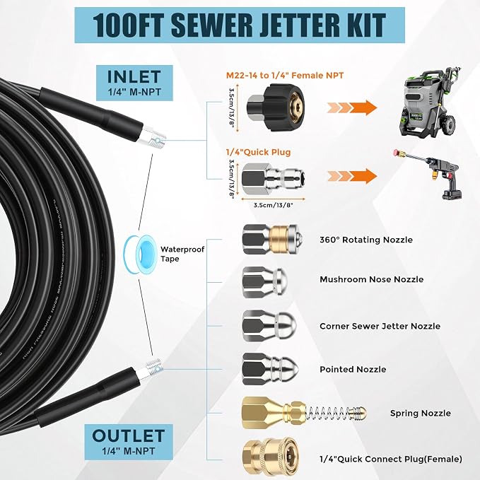 Sewer Jetter Kit for Pressure Washer, 100FT 5800PSI Drain Jetter Hose Kit | Drain Cleaner Hose Kit with 4 Jet Nozzles, Rotating Nozzle, 1/4" NPT Sewer Jetter Nozzle for Drain Pipes, Sewer Lines Gutter