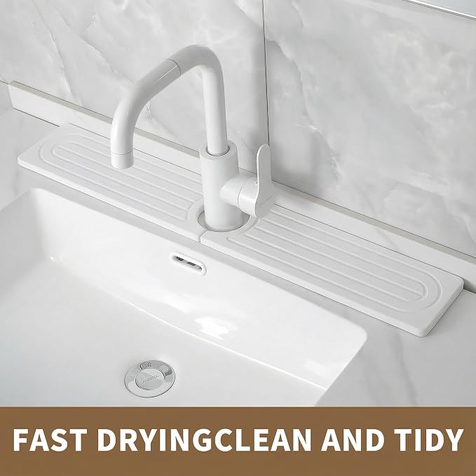 Faucet Mat for Kitchen Sink -Diatomite Stone Drying Mat for Kitchen Counter & Bathroom Sink,Quick-Dry Kitchen Sink Mat-Sink Protector & Splash Guard,Super Absorbent (White, 23.6" x 4")