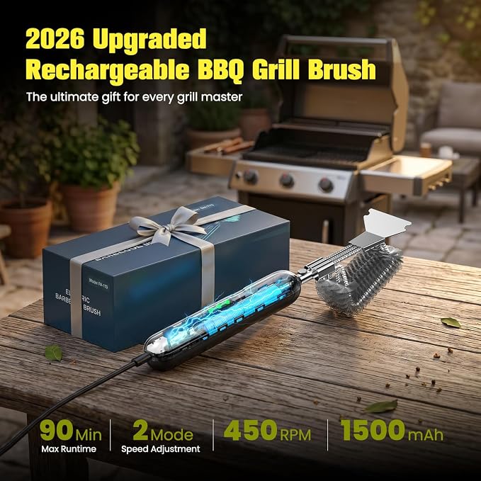 Electric Grill Brush with Scraper, 20kg High-Torque Power BBQ Grill Cleaner, Dual Mode (Auto/Manual), 2-Speed Rechargeable, LED Light, Reaches Grill Grate Sides & Corners, Gift for Dad/Men