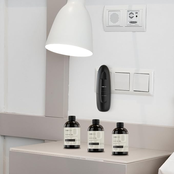 VINEVIDA Studio Plug in Waterless Diffuser and 3 Hotel Fragrance Oils - Essential Oil Diffuser for Home - Room Fragrance Air Diffuser [Black Scent Machine]