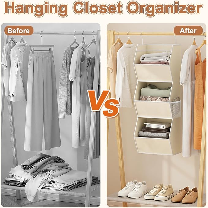 Hanging Closet Organizers and Storage for Kids Room Organization, 3 Tiers | Hanging Closet Shelves for Underwear Swimsuit Storage, Hanging RV Closet Organizers and Storage Camper Closet Organizer Beige