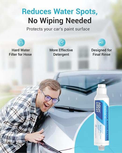 AQUA CREST Hard Water Filter for Hose Car Wash, Reduces Hard Water Spots | Designed for Car Washing, Window & Yard Cleaning, Softens Water, with Flexible Hose Protector