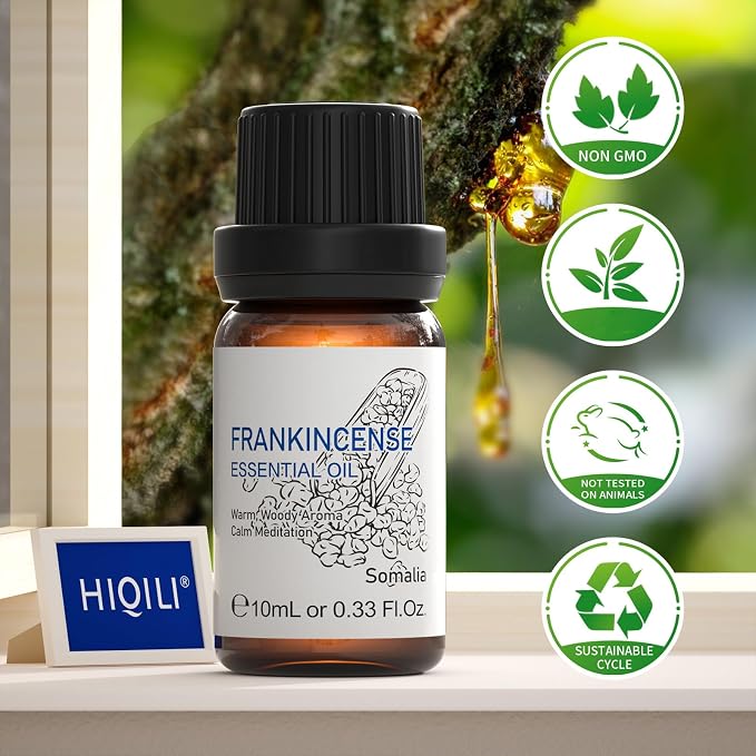 HIQILI 0.33 Fl Oz Frankincense Essential Oil, Relaxing, Skin Care, Camp Atmosphere Creation, Can be Added to Body Lotions, Creams, Aromatherapy Use - 10ml | Mix with Face Cream to Boosts Skin Texture, Relaxes Knee, Feet, Shoulder, and Waist during Spa ...