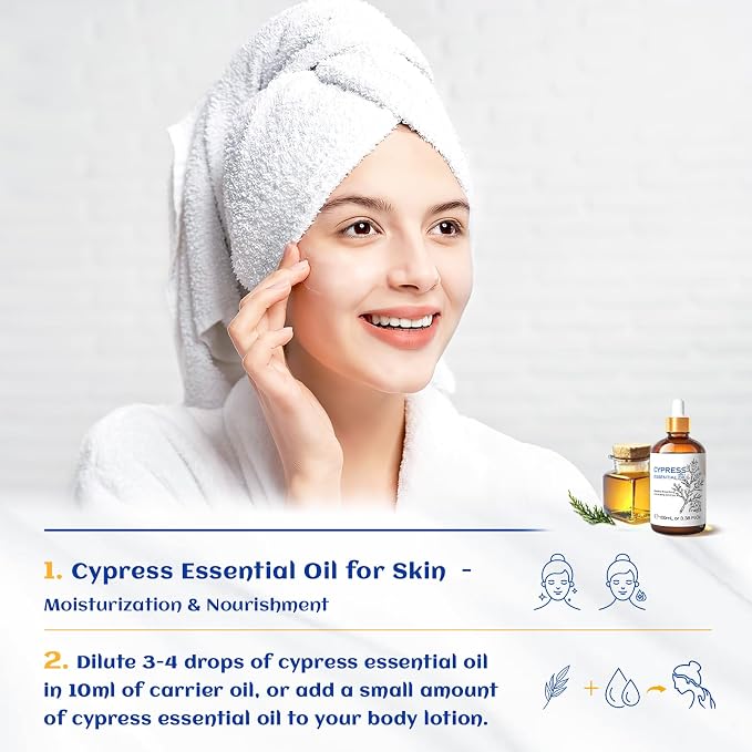 HIQILI Cypress Essential Oil for Diffuser, Humidfier, Skin Care | Aromatherapy, DIY soap and candle, relaxing mood, include 10ml travel bottle - 100ml / 3.38 Fl Oz