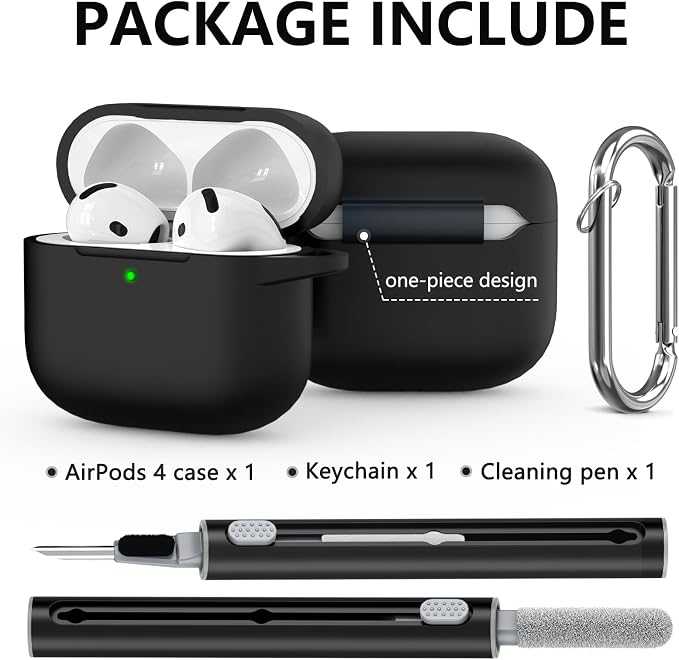 Ljusmicker for AirPods 4 Case 2024 with Cleaner Kit,Soft Silicone Protective Cover for Apple AirPods 4th Generation Cases for Women Men,Compatible with AirPod 4 Case Accessories with Keychain-Black