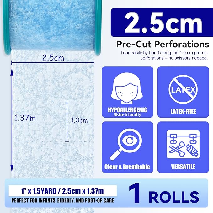 FRESINIDER Silicone Medical Tape – 1" x 1.5 Yard Blue 2 Rolls, Pre-Cut, Waterproof & Repositionable, Pain-Free Removal, Hypoallergenic Adhesive for Sensitive Skin, Wound Care & First Aid Use