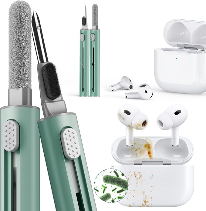 Inesore Multi Cleaning Kit for AirPods & All Bluetooth Earbuds (Green) | 3-in-1 Design with Brush,Sponge & Metal Tip, Airpod Cleaning, Phone Cleaner, Earbud Cleaning, Electronic Device Cleaning Tool