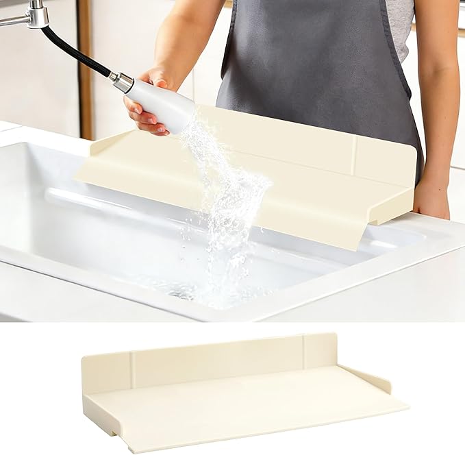 Full-Coverage Sink Splash Guard – 17.7 Inch Extra-High Ramp with Super Strong Suction Cups, Silicone Sink Splash Guard with Front-Edge Storage for Kitchen (White, 17.7''x4.7''x2.8')