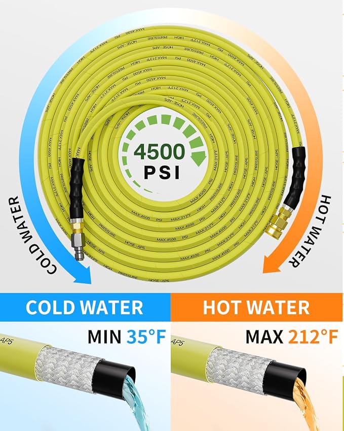 Pressure Washer Hose 150FT 3/8" for Cold and Hot Water 212°F, with Swivel Quick Connect, 4500PSI Kink Resistant Grade Steel Wire Braided, Power Washer Hose With 2pcs M22-14mm Adapter