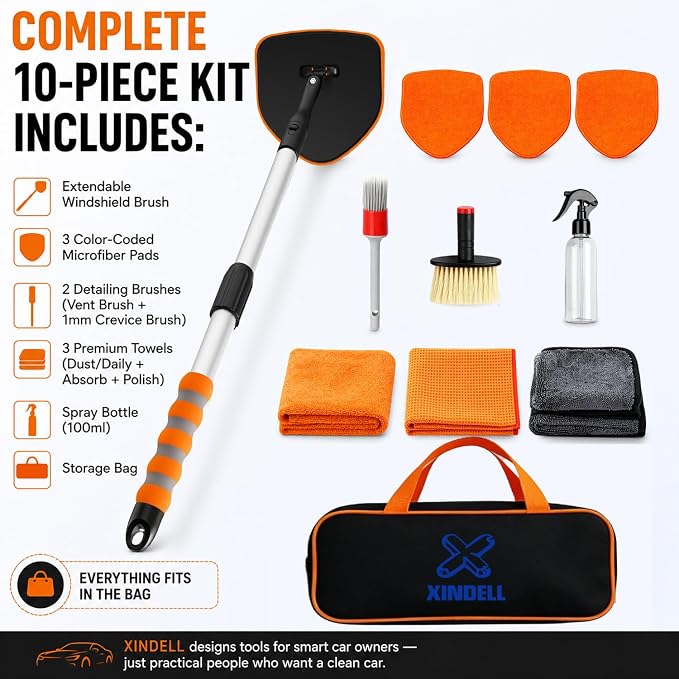 XINDELL Interior Windshield Cleaner Tool, Extendable Car Window Cleaning Kit with 360° Rotating Head