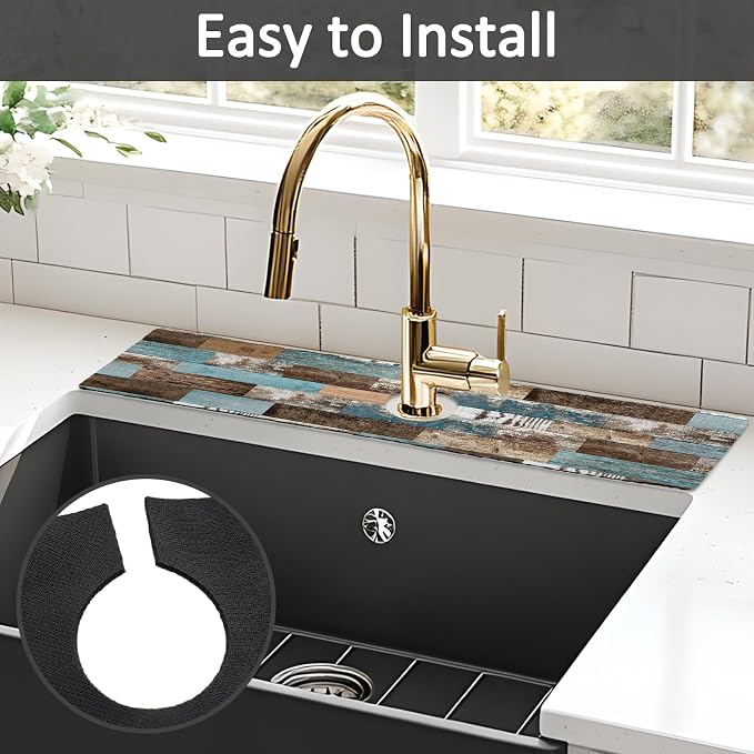 2PCS 24" X 5.5" Kitchen Sink Splash Guard Faucet Mat Wood Grain Super Absorbent Fast Drying Faucet Guard & Draining Mat Sink Splash Guard Behind Faucet for Kitchen, Bathroom