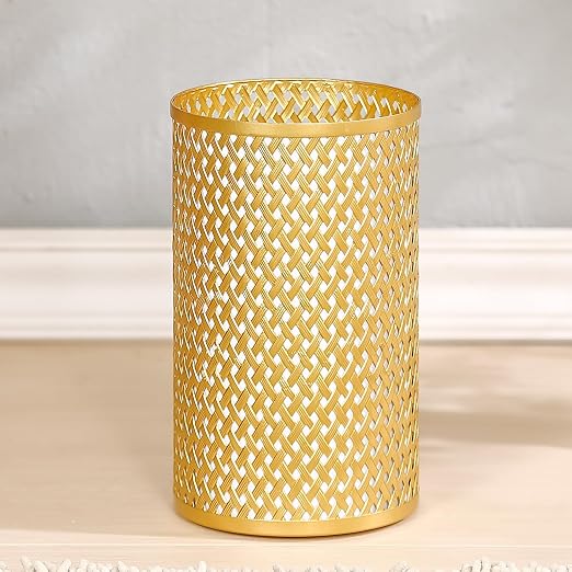 Small Gold Trash Can for Bathroom, Metal Garbage Can for Offices, Decorative Hollow-Out Garbage Can Waste Paper Bin, 7" W X 7" L X 12" H