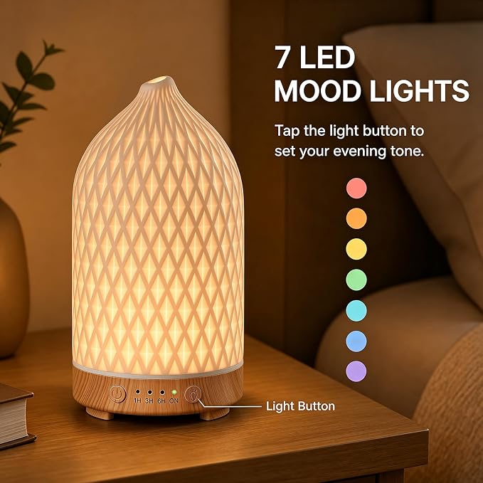 200ML Ceramic Essential Oil Diffuser for Home, Stone Diffuser | Ultrasonic Aromatherapy Diffuser & Air Humidifier for Bedroom, Office, Yoga, 7 LED Lights, Auto Shut-Off, 3 Timers, Rhombus