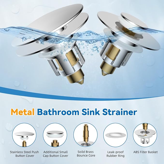 Universal Metal Bathroom Sink Stopper, Pop-Up Hair Catcher Strainer, Chrome | Large Cover Cap, Sink Drain Strainer with Detachable Double Filter, Drain Plug Fits 1.1"-2.36" US Basin, Brass Bounce Core