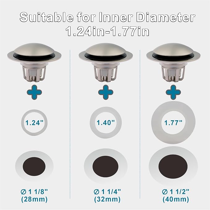 WELSAN Brushed Nickel Sink Stopper Bathroom Drain 1 1/8"-1 1/2", 2 Pack | Bathroom Sink Stopper Replacement, Universal Pop-Up Drain Stopper Plug Strainer with Hair Catcher, Anti-Clogging Design