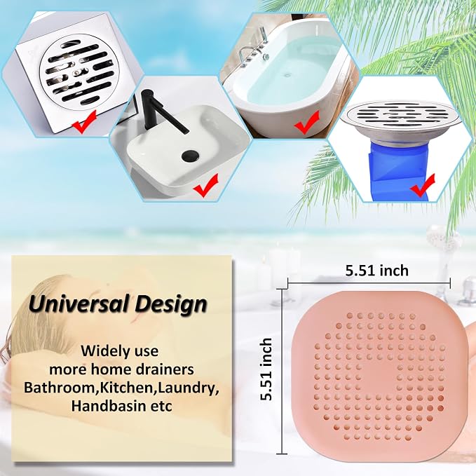 Bovinde Hair Drain Catcher,Square Cover for Shower 2 Pack (Pink) | Drainer Cover Silicone Hair Stopper with Suction Cups,Protector Accessories,Easy to Install Suit for Bathroom,Bathtub,Sink