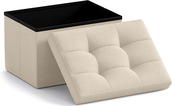 Ornavo Home Small Storage Ottoman Foldable Collapsible Rectangle Linen Ottoman Foot Rest Stool Seat, for Living Room, Bedroom, Home Office, Dorm - 12 x 16 x 12, Beige