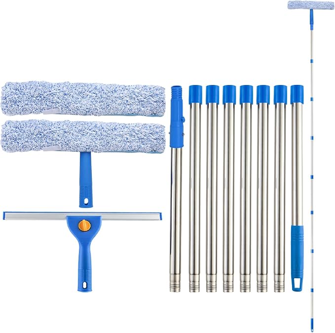 10Ft Window Squeegee with Long Handle, Window Washer for High Windows Glass | 14" Squeegee for Window Cleaning, 15" Microfiber Scrubber, 120" Window Cleaning Kit, Window Washing kit for Home, Outdoor