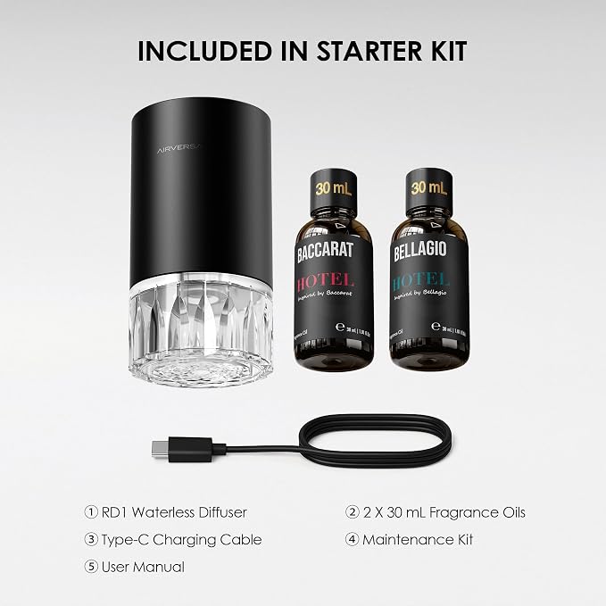 Airversa RD1 Waterless Essential Oil Diffuser Starter Kit, Black | 2x30 mL Hotel Scent Fragrance Oil, Up to 600 sq ft, Battery Operated, 100mL Capacity, Multi-mode Ambient Light, RD1Kit-2x30-B