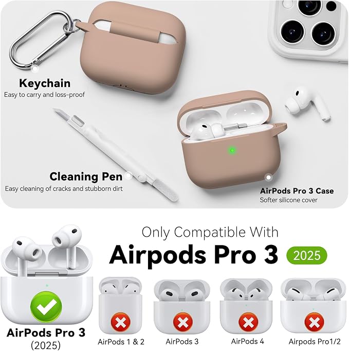 for AirPods Pro 3 Case 2025,Come with Cleaner Kit,Brown | Silicone Protective Cover for Airpod Pro 3rd Generation Case with Keychain,for Women Men,One-Piece Design,Shockproof