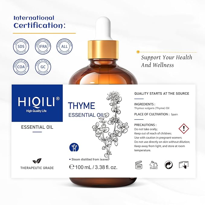 HIQILI Thyme Essential Oil for Skin Flare Care, DIY Spray, Diffuser | With 10ml Travel Dropper Bottle, Aromatherapy Diffuser, Hair, Skin Care & DIY Fragrance - 100ml / 3.38 Fl Oz