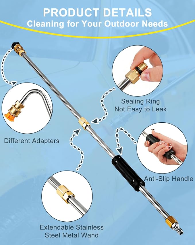 Pressure Washer Extension Wand 120", Gutter Cleaner Attachment | 10 Pc Power Washer Lance with 6 Atomization Nozzle Tips,1 Gutter Cleaner Attachment Curved Rod, 1/4" Quick Connect, 4000 PSI