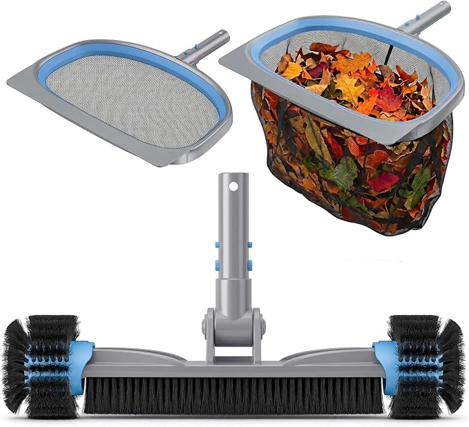 UIRWAY 3-in-1 Deluxe Swimming Pool Cleaning Kit - Includes Pool Brush with Detachable Side Round Ends, Deep Leaf Skimmer Net & Flat Fine Mesh Net for Inground & Above Ground Pools Cleaning(No Pole)